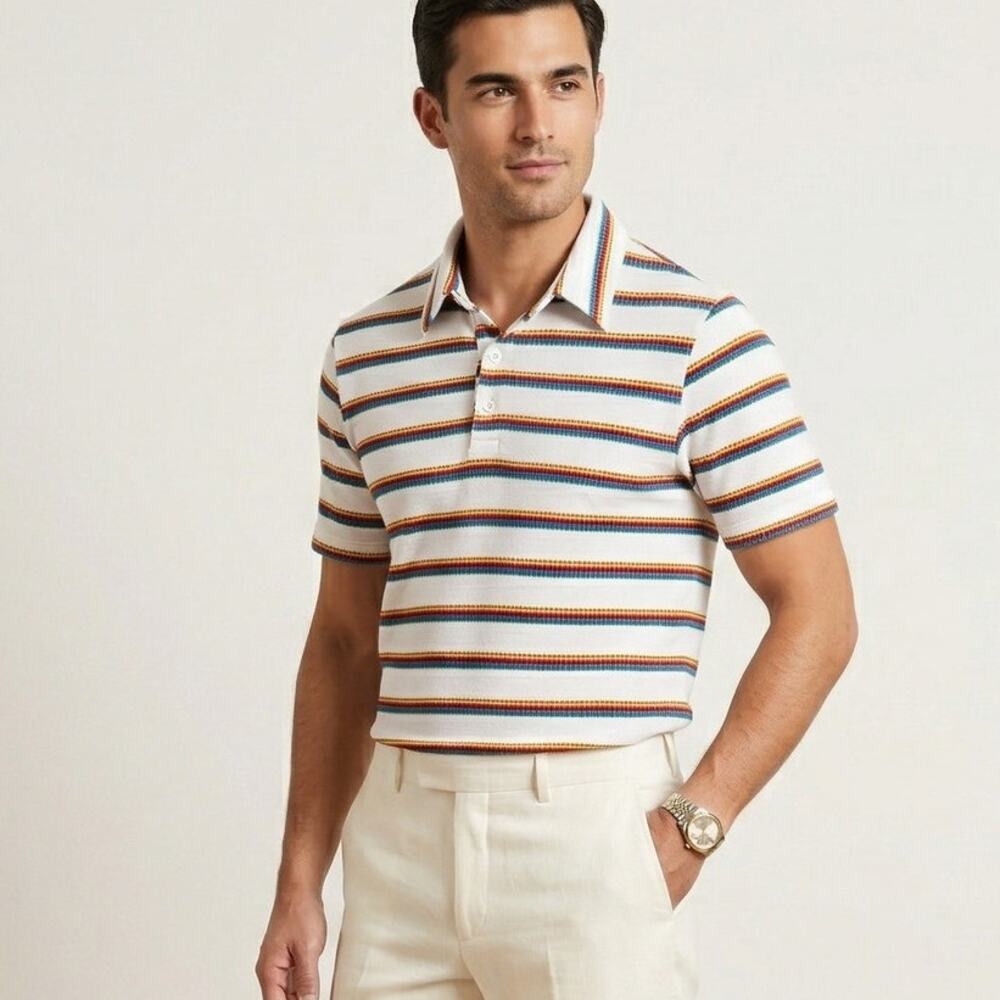 MR TURK Striped Polo Shirt Rainbow embroidered size Small Made in USA